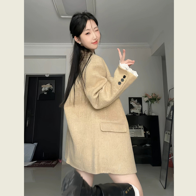 韩系卡其黄西装毛呢外套