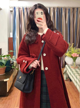 新年圣诞红色毛呢外套女秋冬季新款圈圈呢中长款小个子呢子大衣