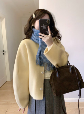 温柔风黄色短款减龄毛呢外套女秋冬装小个子圆领单排扣呢子大衣