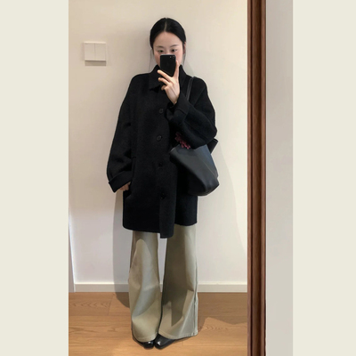 韩系赫本风黑色中长款呢子大衣