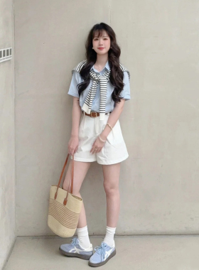 韩系学院风休闲减龄套装女夏季蓝色polo领衬衫白色高腰短裤两件套