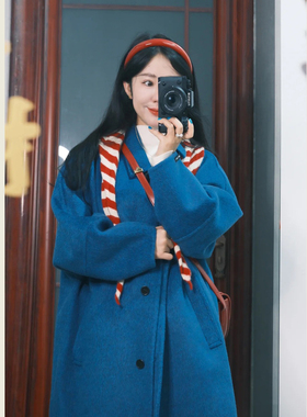 韩系复古蓝色翻领毛呢外套女秋冬季小个子宽松显瘦中长款呢子大衣