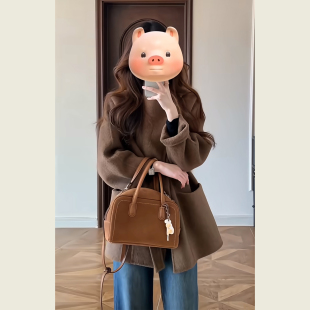 通勤风深咖色立领毛呢外套女秋冬季小个子中长款系带收腰呢子大衣