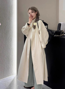 米白色立领廓形风衣外套女春秋季新款小个子韩系日系休闲中长款