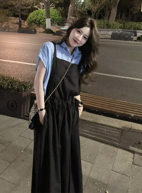 茶歇法式黑色吊带连衣裙女夏季韩系减龄显瘦蓝色衬衣背带裙两件套