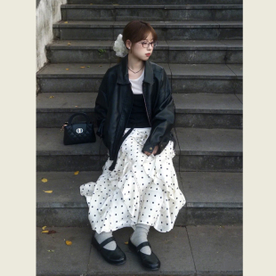 韩系高级感黑色翻领百搭皮衣女春秋季 小个子宽松显瘦休闲夹克外套