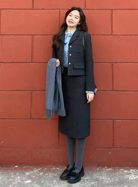 深灰色毛呢套装女秋冬新款韩版通勤短款外套简约显瘦半身裙两件套