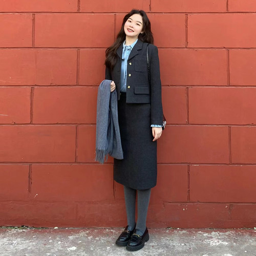 韩版通勤简约毛呢套装