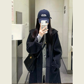 韩系赫本风深灰色系带呢子大衣女秋冬季 小个子中长款 连帽毛呢外套