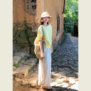 黄白格纹抽绳下摆花苞短袖上衣女夏季简约休闲抽绳宽松九分裤套装