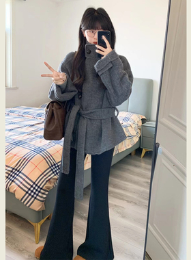 韩系赫本风灰色立领毛呢外套女冬季新款小个子中长款系带呢子大衣