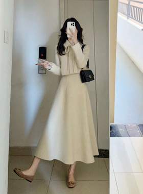 法式名媛风小香风毛呢套装女秋冬季温柔白色外套高腰半身裙两件套