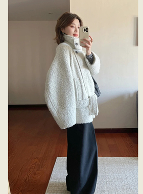 复古灰色立领圈圈毛短款外套女秋冬季小个子宽松显瘦百搭呢子大衣