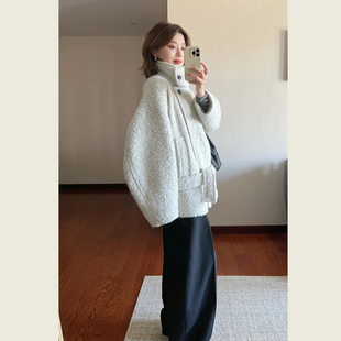 复古灰色立领圈圈毛短款外套女秋冬季小个子宽松显瘦百搭呢子大衣