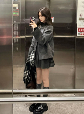 复古灰色小香风百搭毛呢外套女秋冬小个子高级感休闲短款呢子大衣