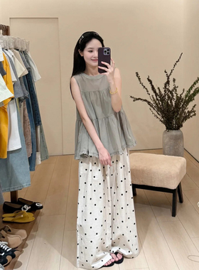 小个子夏日清凉风套装女灰色木耳边圆领无袖背心波点阔腿裤两件套