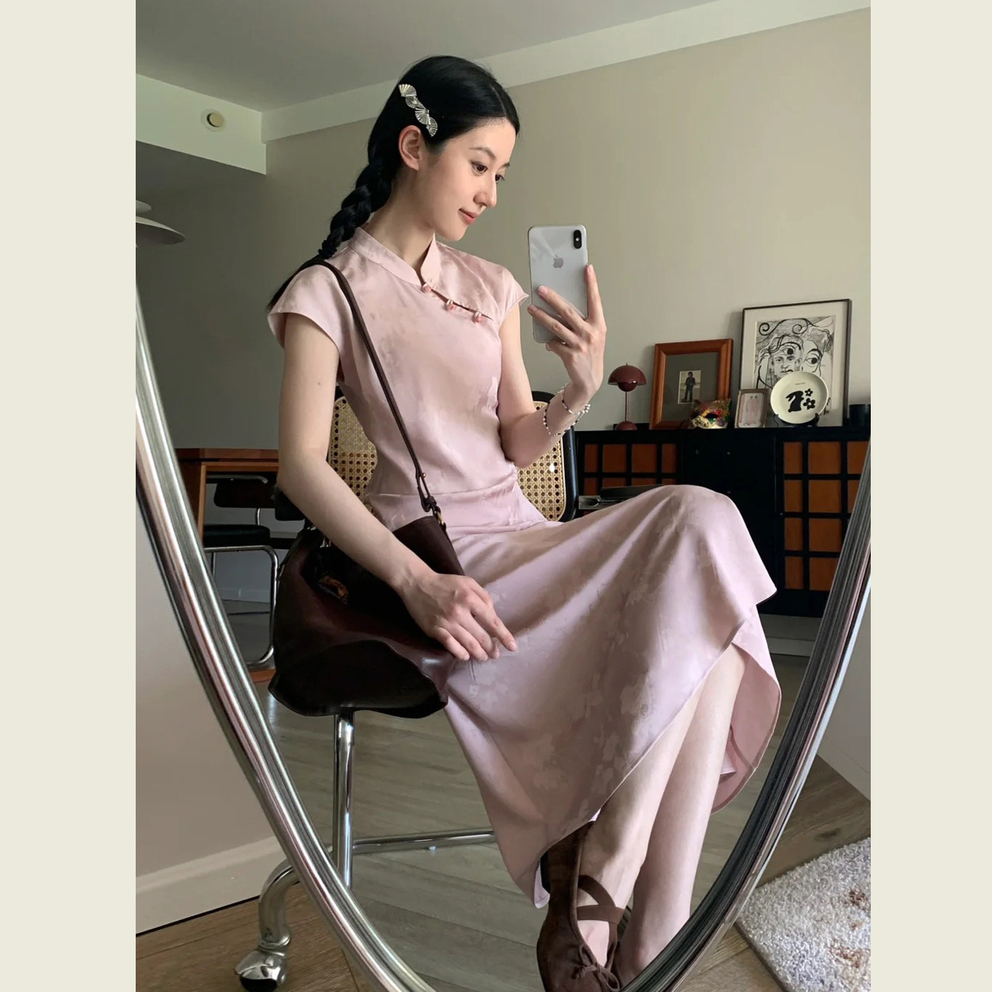 新中式国风改良旗袍长裙女夏季粉色立领盘扣提花收腰显瘦连衣裙