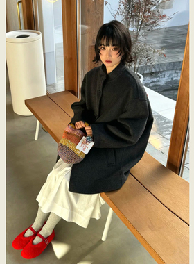 深灰色立领单排扣毛呢外套女秋冬季小个子中长款显瘦百搭呢子大衣
