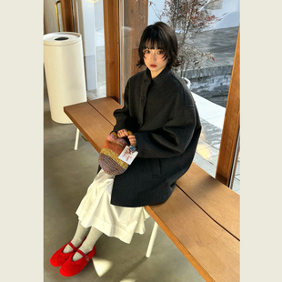 深灰色立领单排扣毛呢外套女秋冬季小个子中长款显瘦百搭呢子大衣