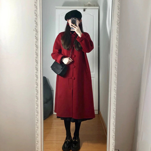 高級感紅色呢子大衣2023秋冬裝 韓系赫本風小個子毛呢外套女中長款