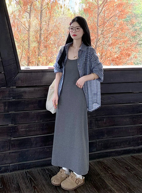 慵懒风撞色修身宽松格纹长袖衬衫女秋季小众显瘦灰色百搭背心长裙