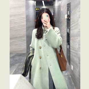 韩系清新绿立领毛呢外套女秋冬季小个子宽松中长款系带呢子大衣