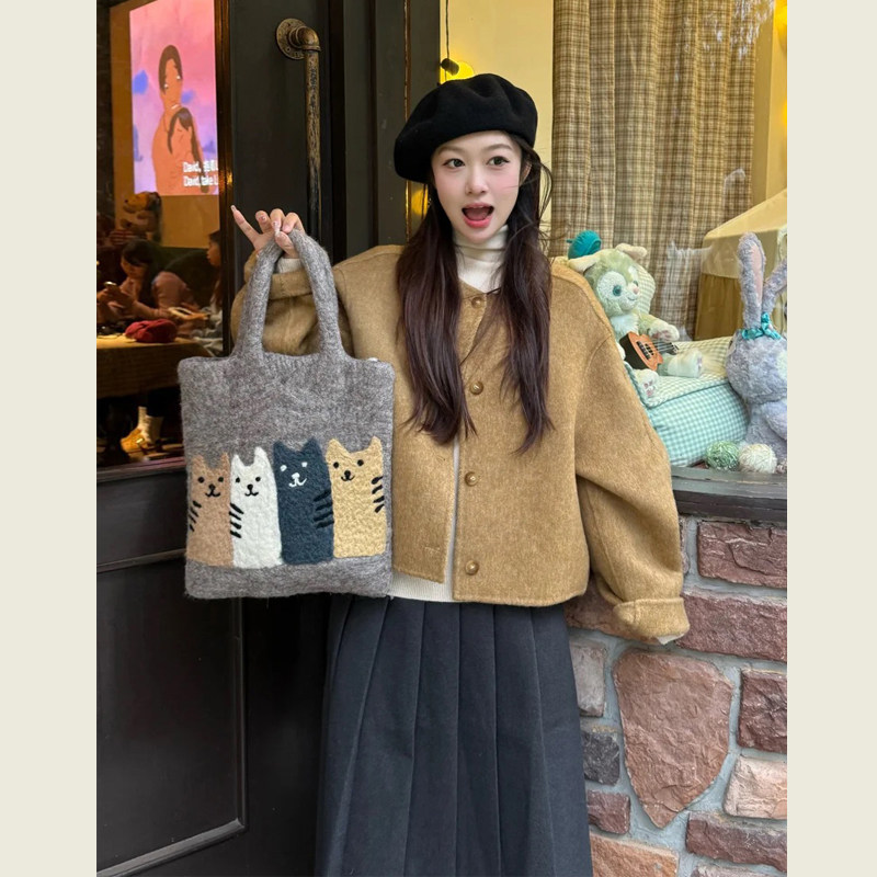 韩系棕黄色圆领毛呢外套女秋冬季小个子百搭宽松单排扣呢子上衣,女装/女士精品,毛呢外套,淘宝优惠券,粉丝福利购,淘宝优惠卷