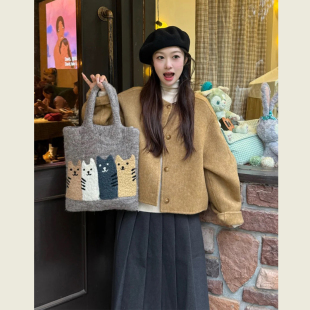 韩系棕黄色圆领毛呢外套女秋冬季 小个子百搭宽松单排扣呢子上衣
