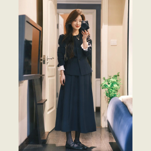 藏青色西装套装女春秋新款教师面试正装通勤职业西服半身裙两件套