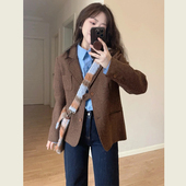 复古高级感棕色西装 韩系小个子休闲百搭毛呢外套 呢子大衣女秋冬季