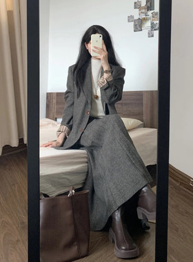 韩系复古灰色毛呢西装套装