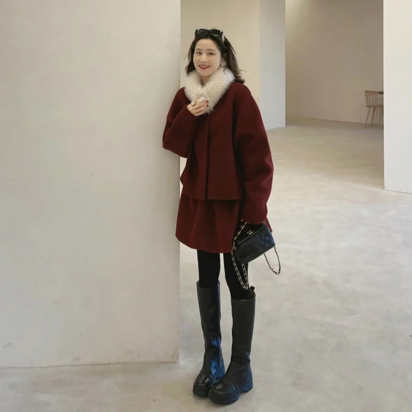 圣诞新年战袍毛呢套装