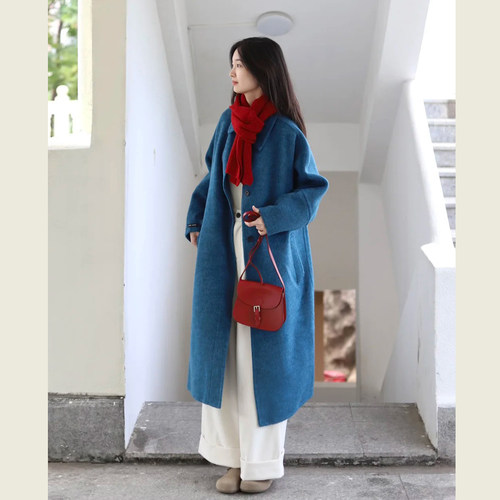 韩系复古蓝色中长款毛呢外套