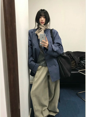 蓝色立领双排扣宽松廓形风衣