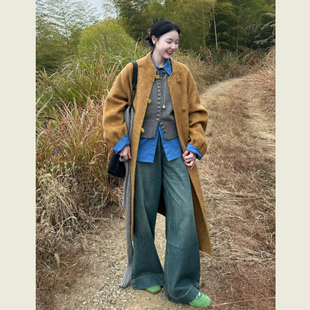 复古秋叶黄圆领单排扣呢子大衣女冬季小个子中长款休闲毛呢外套