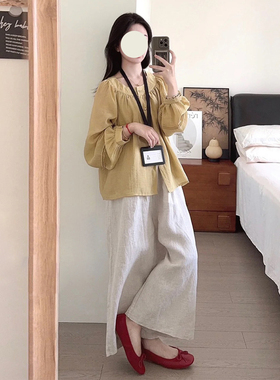 夏季搭配一整套女减龄洋气时尚黄色衬衫上衣高腰阔腿裤显瘦两件套