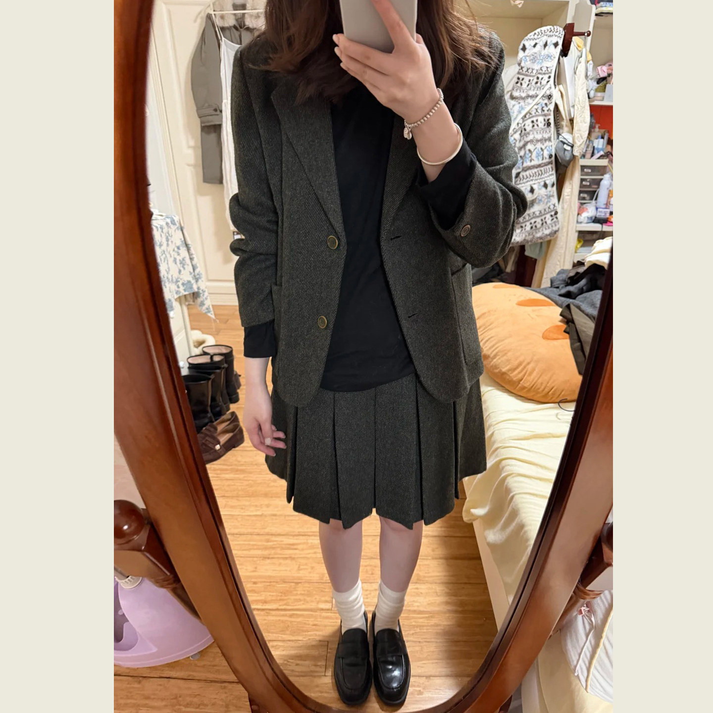 韩系复古绿毛呢西装套装裙