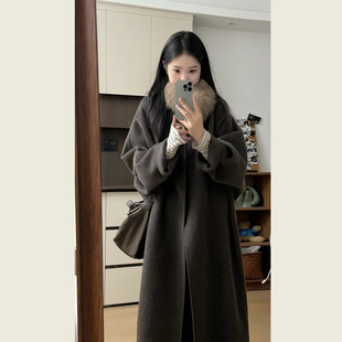 复古灰雾咖色翻领毛呢外套女秋冬季慵懒风宽松长款气质呢子大衣