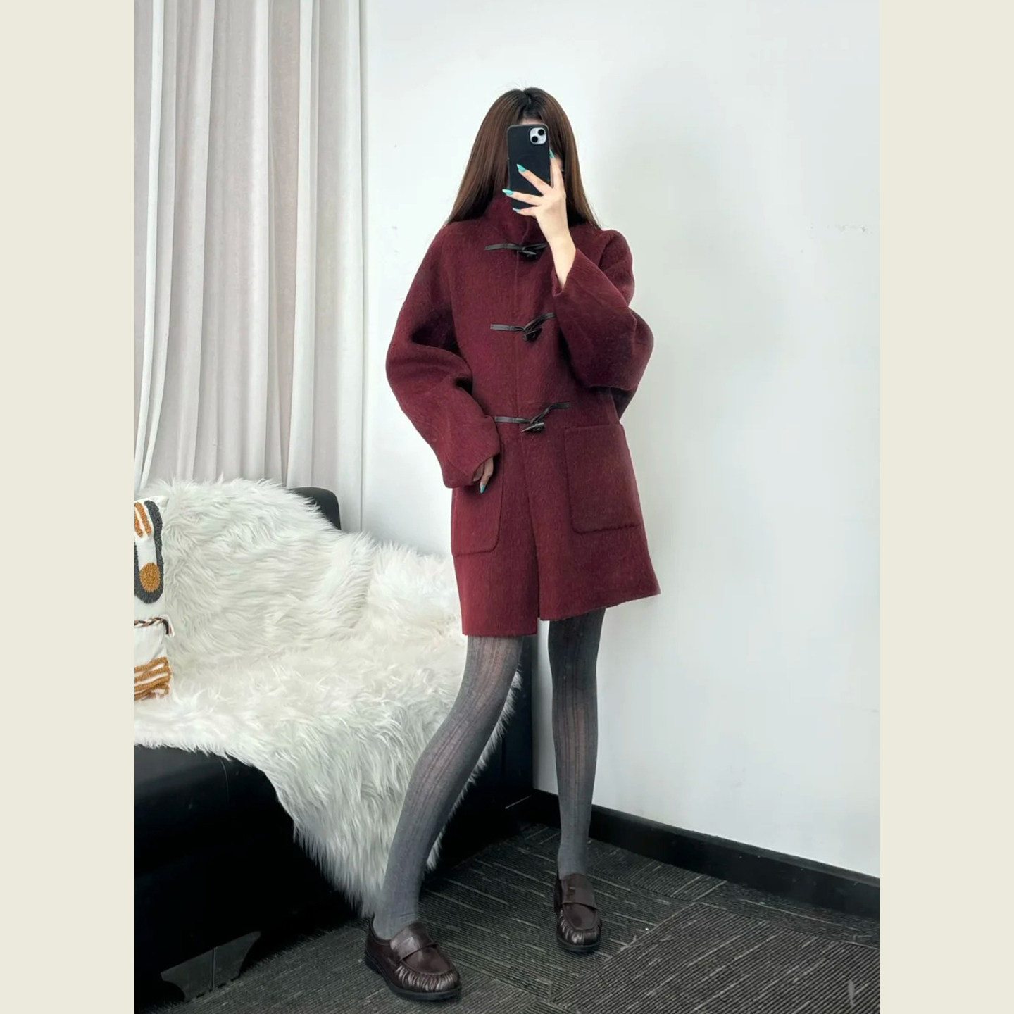圣诞新年红色立领呢子大衣女秋冬季小个子牛角扣中长款毛呢外套