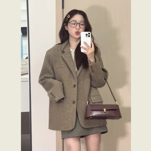 韩系复古宽松西装呢子大衣女秋冬季新款高级感小个子毛呢西装外套