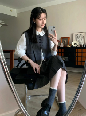 韩系休闲职业通勤风西服套装女春秋季灰色马甲高腰半身裙两件套