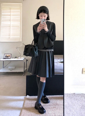 通勤风灰色西装马甲套装女秋季小个子休闲西服上衣高腰半裙两件套