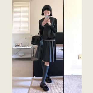小个子休闲西服上衣高腰半裙两件套 女秋季 通勤风灰色西装 马甲套装