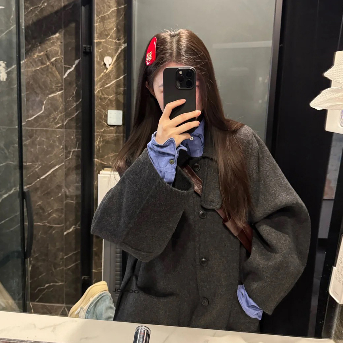 韩系气质灰色翻领呢子大衣