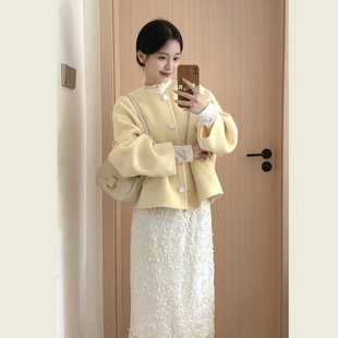 千金风小个子黄色短款毛呢外套女秋冬装高级感圆领单排扣呢子大衣