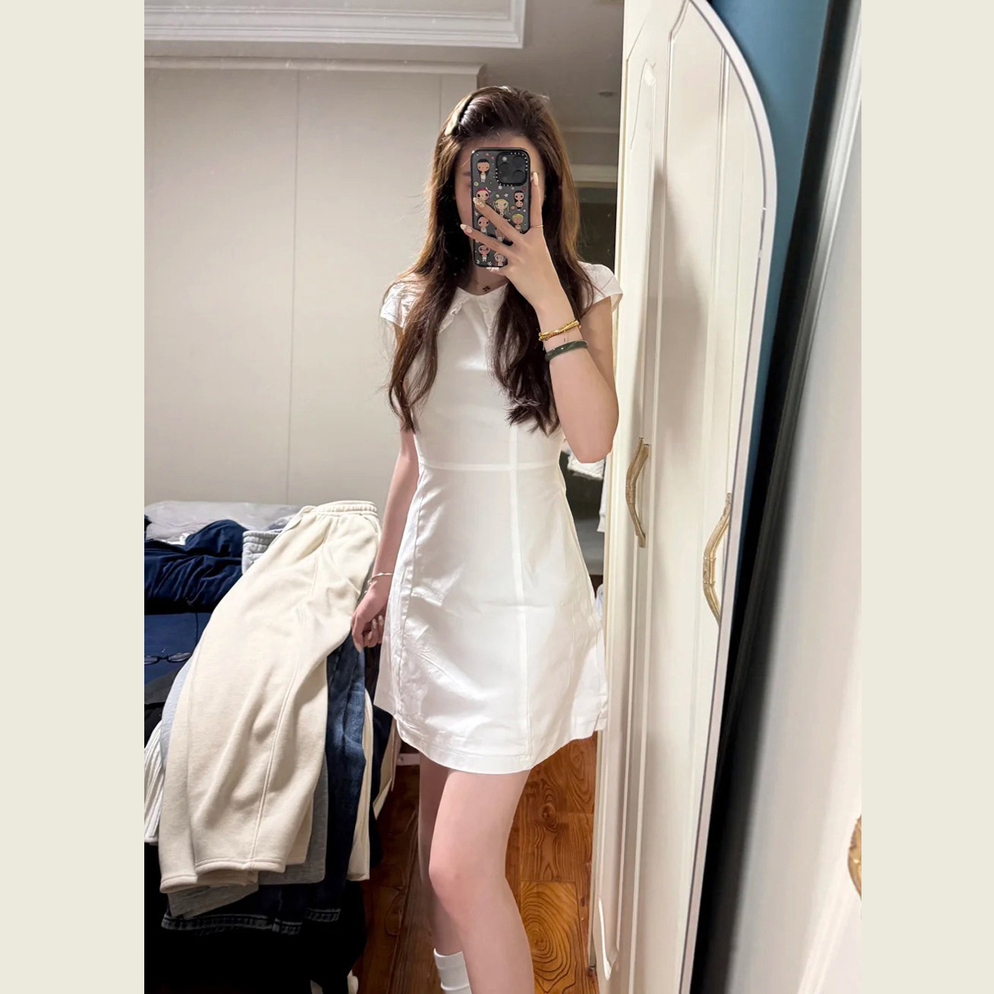 甜美白色减龄娃娃领连衣裙女夏季设计感飞飞袖显瘦小个子a字短裙