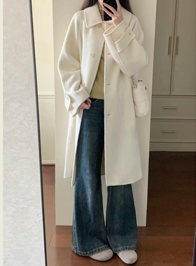 韩系chic秋冬季小个子温柔风米白色呢子大衣宽松中长款毛呢外套女