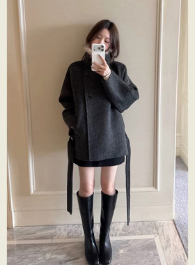 韩系赫本风深灰色立领毛呢外套