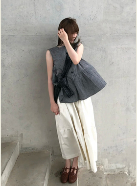 日系文艺风宽松休闲套装女夏季灰色杂点背心上衣高腰半身裙两件套