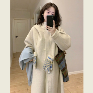 韩系米白色连帽呢子大衣女冬季新款小个子宽松显瘦中长款毛呢外套